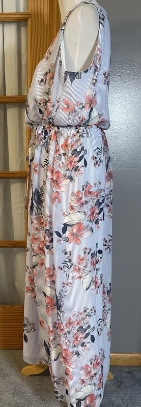 Floral Faux Wrap Maxi Dress Women’s XL Blue Pink Side Tie Cottagecore Boho City