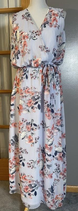 Floral Faux Wrap Maxi Dress Women’s XL Blue Pink Side Tie Cottagecore Boho City