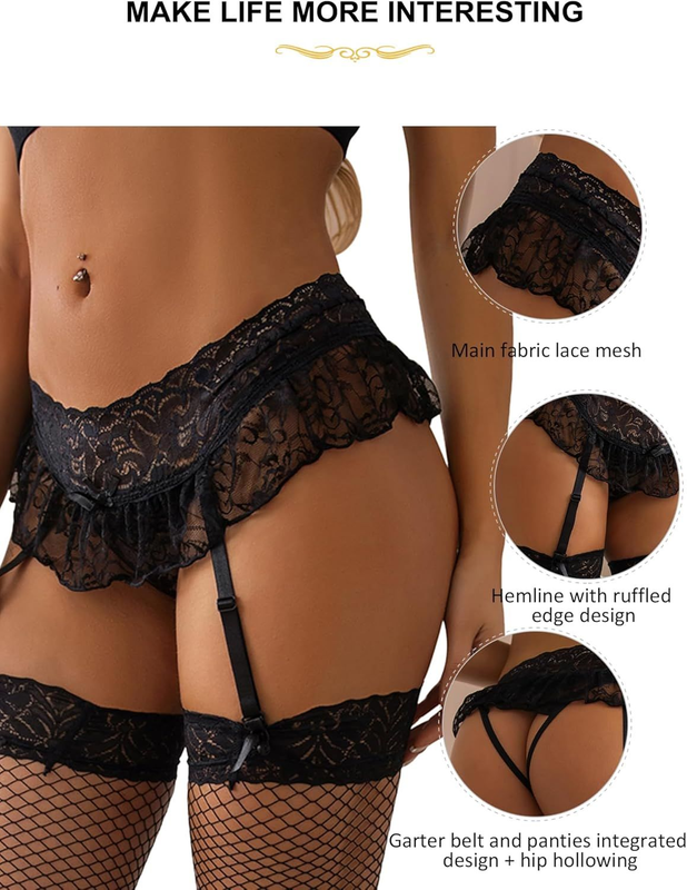 Floral Lace Garter Belt Set - Women Plus Size Mesh 3X-4X Style1:black