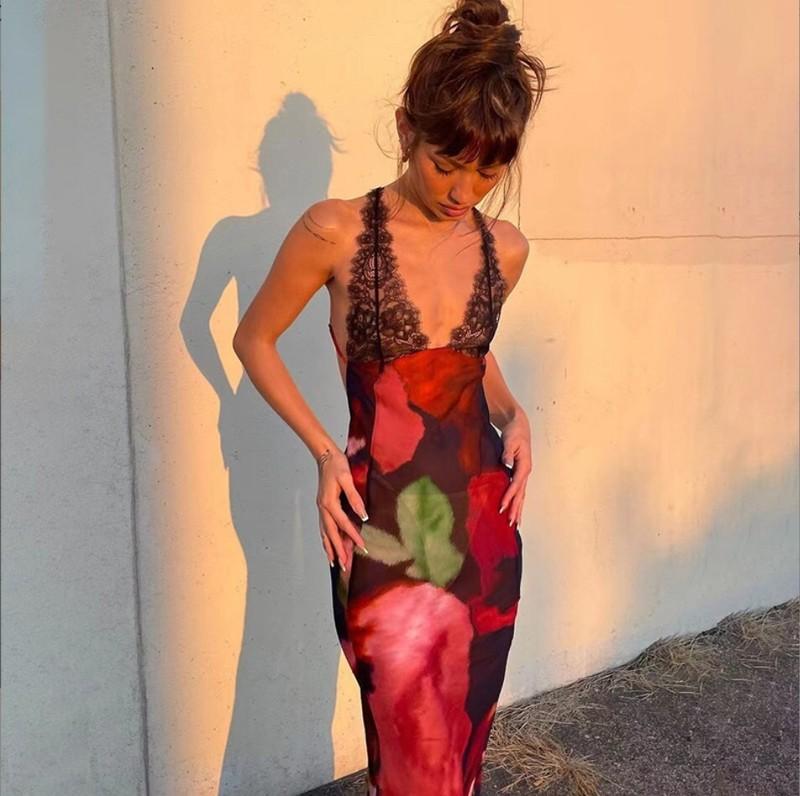 Floral Lace Rat Boa Similar Style Tie Dye Long Slip Dress Adjustable Straps