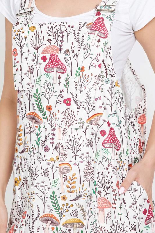 Floral Mushroom Retro Print Overall Jumpsuit Farm Country Bib Farmhouse Colorful