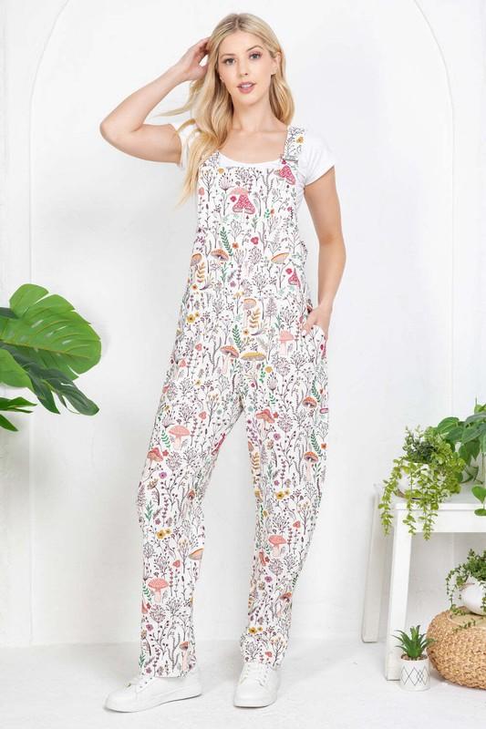 Floral Mushroom Retro Print Overall Jumpsuit Farm Country Bib Farmhouse Colorful