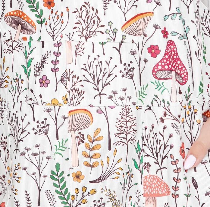 Floral Mushroom Retro Print Overall Jumpsuit Farm Country Bib Farmhouse Colorful