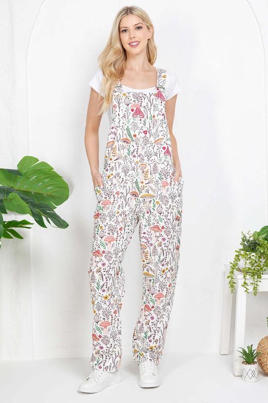Floral Mushroom Retro Print Overall Jumpsuit Farm Country Bib Farmhouse Colorful