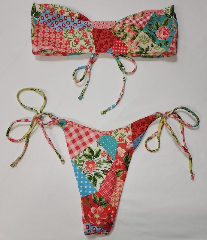 Floral Patchwork Bikini Set Red Colorful Tied High Rise Bottom Padded Strapless