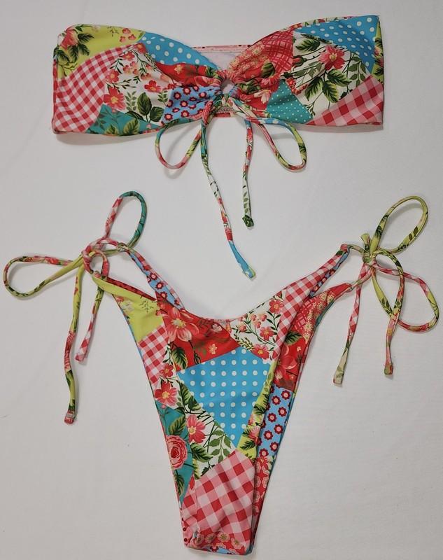 Floral Patchwork Bikini Set Red Colorful Tied High Rise Bottom Padded Strapless