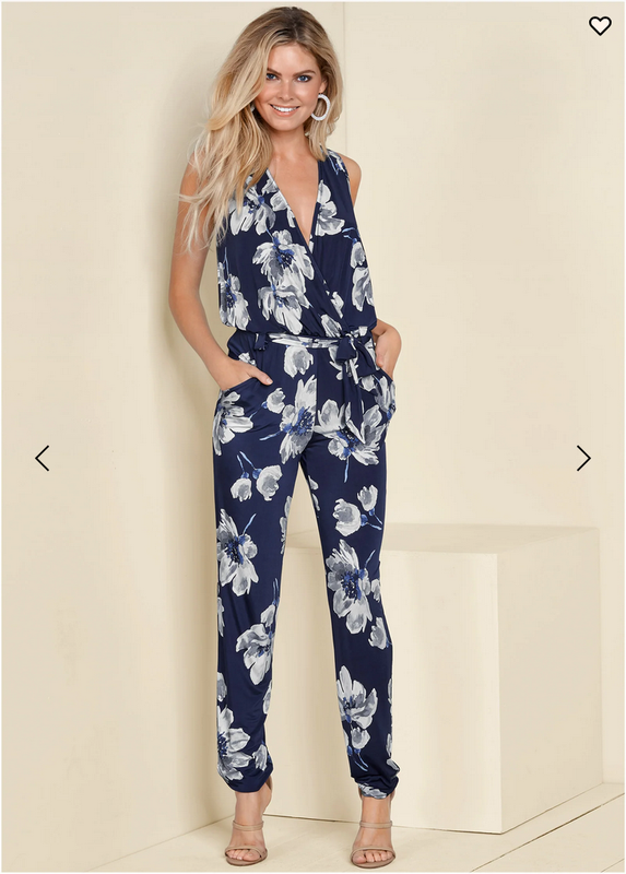 Floral Print Jumpsuit V-neck featuring a self tie waist and front pockets