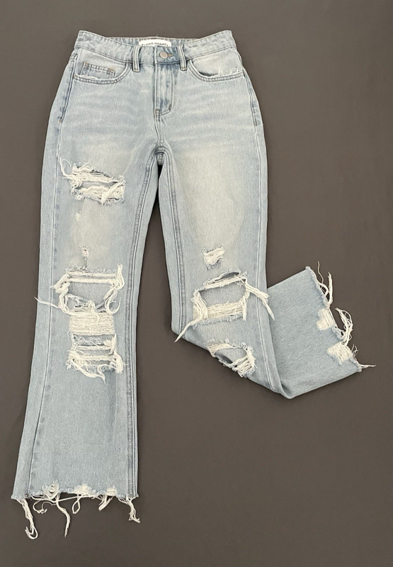 Flying Monkey High Rise Straight Jeans Womens 24 Distressed Light Wash Raw Hem
