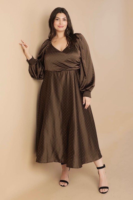Flying Tomato Faux Wrap Long Sleeve Satin Sparkle Midi Dress Brown Plus 1X 2X 3X