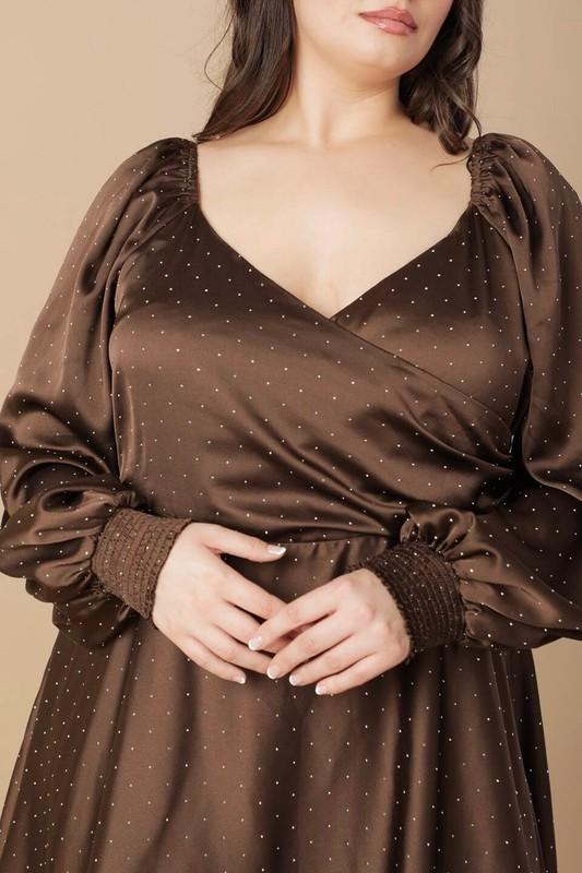 Flying Tomato Faux Wrap Long Sleeve Satin Sparkle Midi Dress Brown Plus 1X 2X 3X