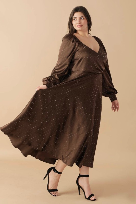 Flying Tomato Faux Wrap Long Sleeve Satin Sparkle Midi Dress Brown Plus 1X 2X 3X