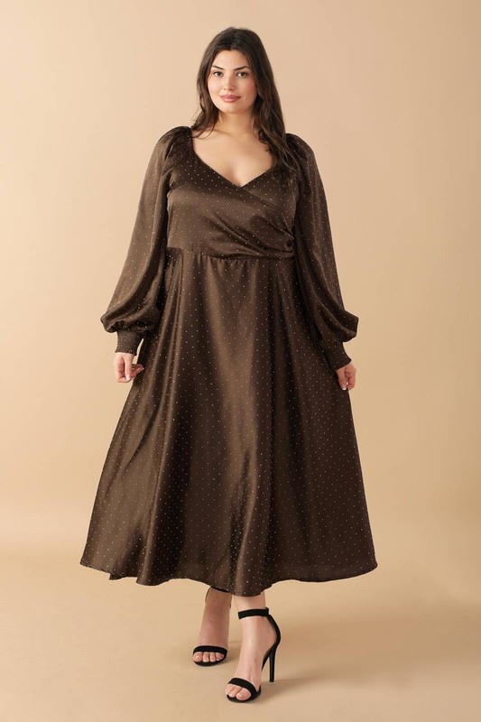 Flying Tomato Faux Wrap Long Sleeve Satin Sparkle Midi Dress Brown Plus 1X 2X 3X