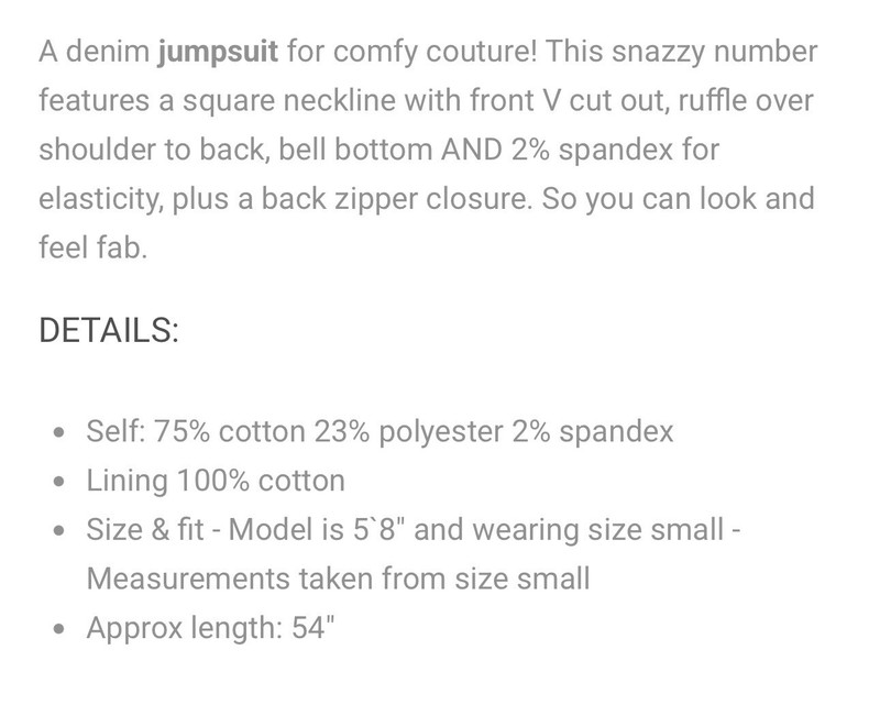 Flying Tomato Jumpsuit Size Large Stretch Denim Ruffle Flare Leg Festival