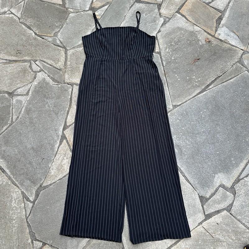 Forever 21 Jumpsuit Plus 1X Black White Pinstripe Wide Leg Office to Evening