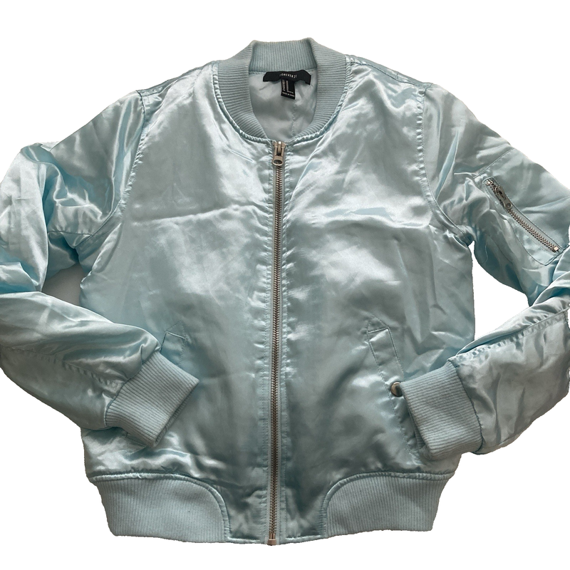 Forever 21 Satin Jacket Size Medium Aqua Blue Puffy Jacket