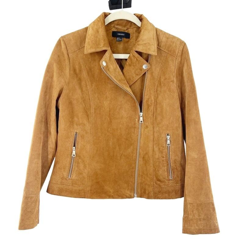 Forever 21 Womens Tan Suede Moto Jacket W/ Asymmetrical Zipper & Pockets Size L