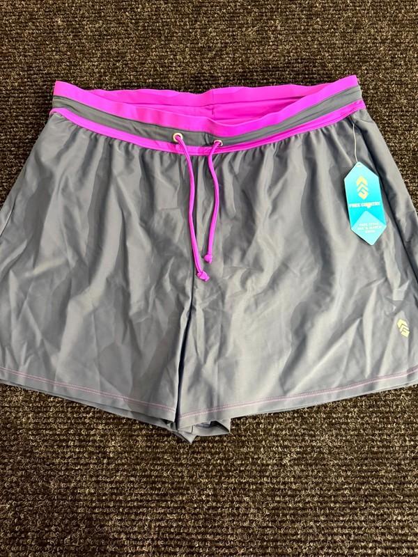 Free Country Swim Shorts Womens 2X Gray Pink Logo Nylon Stretch Drawstring Beach