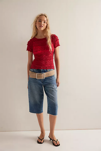 Free People Angelina Lace Tee Fp One Mesh Striped Short Sleeve Blouse Top New L