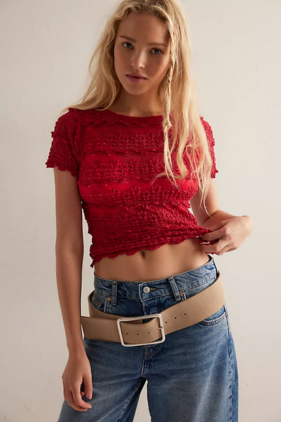 Free People Angelina Lace Tee Fp One Mesh Striped Short Sleeve Blouse Top New L