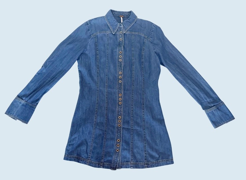 FREE PEOPLE Denim Mini Dress Full Button Collar Boho Size XS