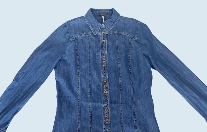 FREE PEOPLE Denim Mini Dress Full Button Collar Boho Size XS