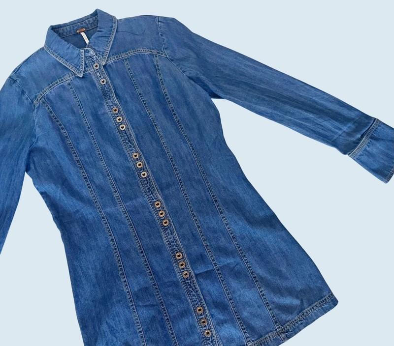 FREE PEOPLE Denim Mini Dress Full Button Collar Boho Size XS