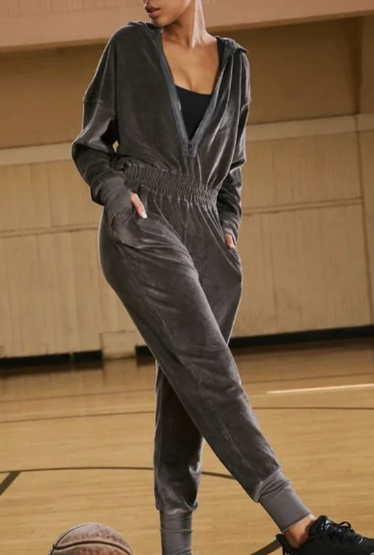 FREE PEOPLE FP MOVEMENT CHARCOAL GRAY TRAINING DAY VELOUR ONE PIECE JUMPSUIT XS