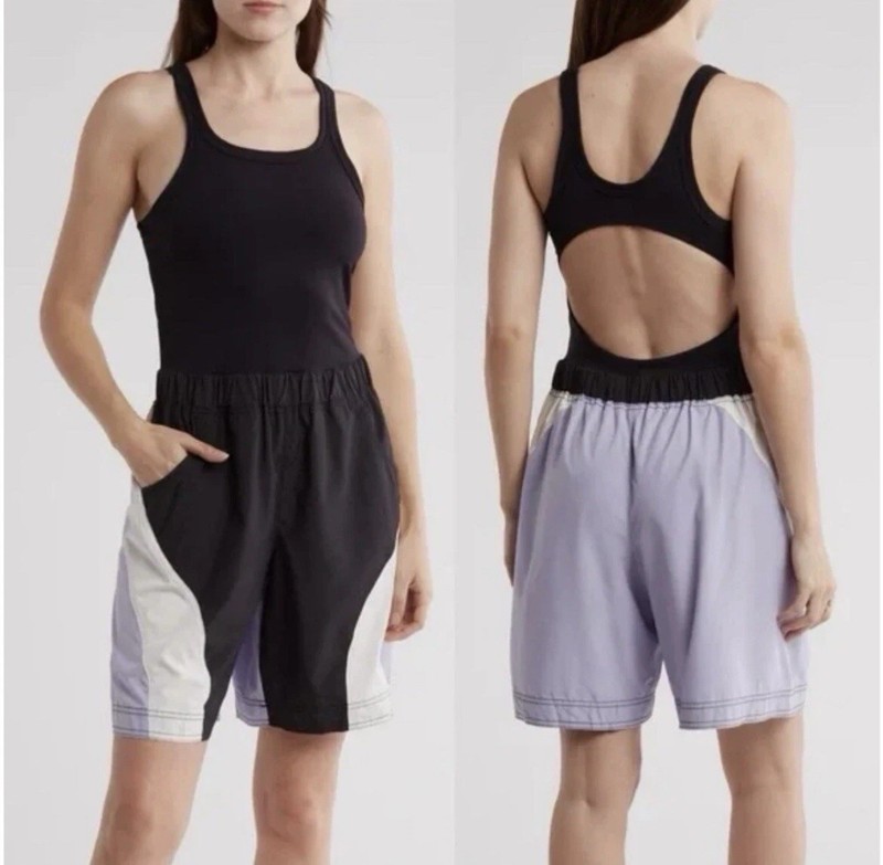 Free People FP Movement Double Bounce One Piece Black Purple Shortsie Romper S