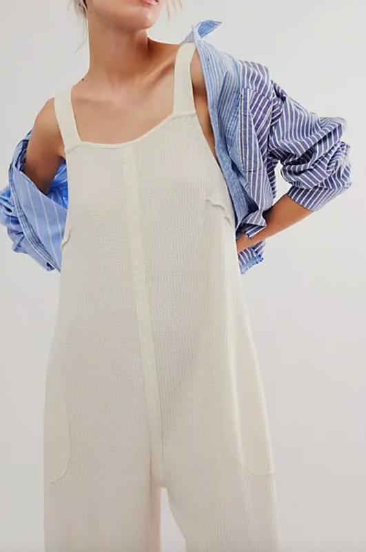FREE PEOPLE FP ONE TOFU WHITE CALLIE WIDE LEG WAFFLE ONE PIECE JUMPSUIT SZ M