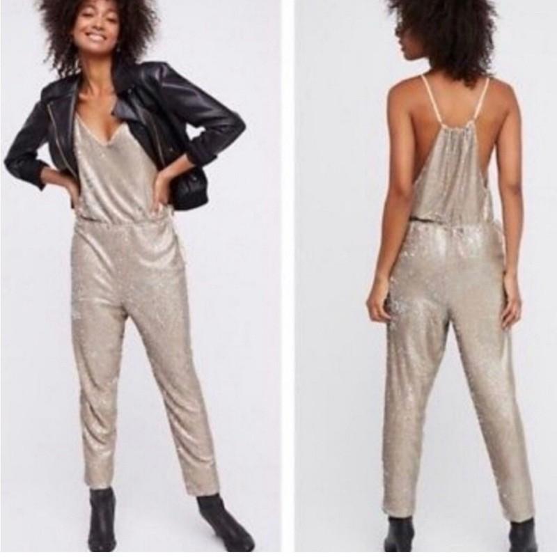 Free People Gold Sequin Jumpsuit V Neck XS Adjustable Waistband