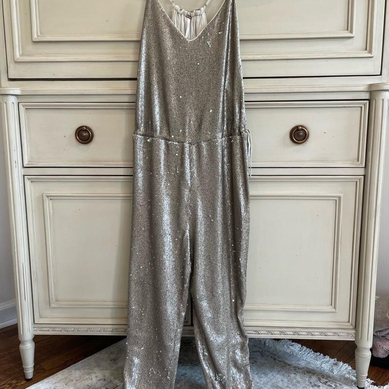 Free People Gold Sequin Jumpsuit V Neck XS Adjustable Waistband