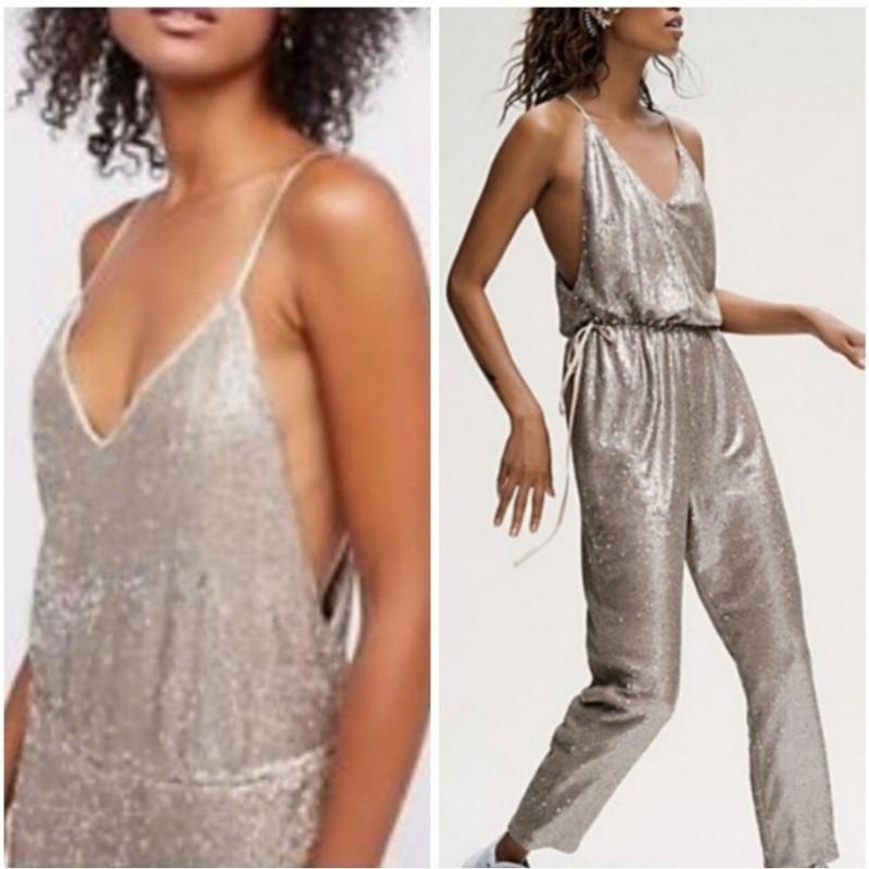 Free People Gold Sequin Jumpsuit V Neck XS Adjustable Waistband