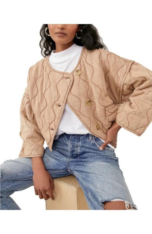 Free People Gwynnie Quilted Boxy Cotton Jacket In Champagne Diamonds Size M