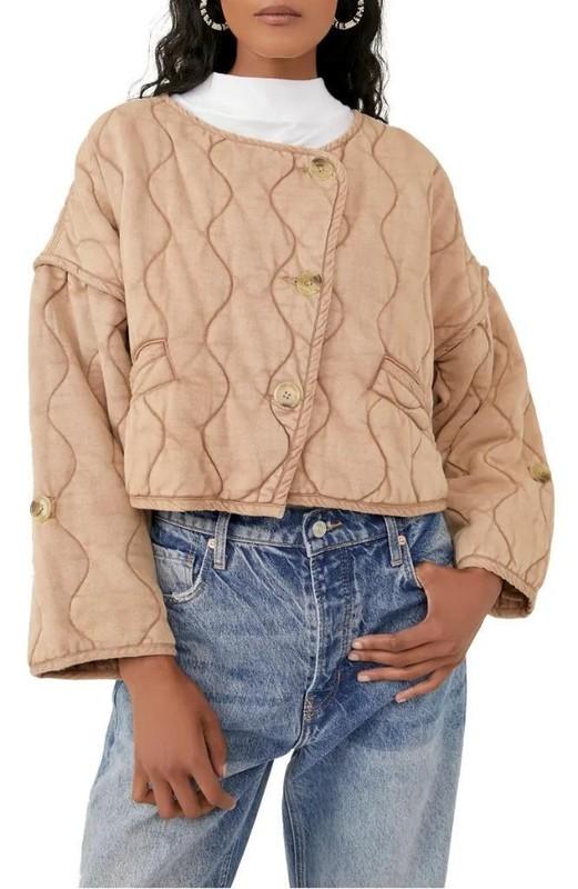 Free People Gwynnie Quilted Boxy Cotton Jacket In Champagne Diamonds Size M