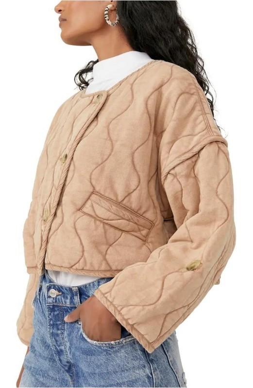 Free People Gwynnie Quilted Boxy Cotton Jacket In Champagne Diamonds Size M