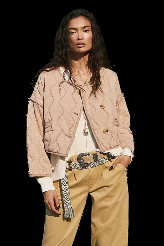 Free People Gwynnie Quilted Boxy Cotton Jacket in Champagne Diamonds Size M