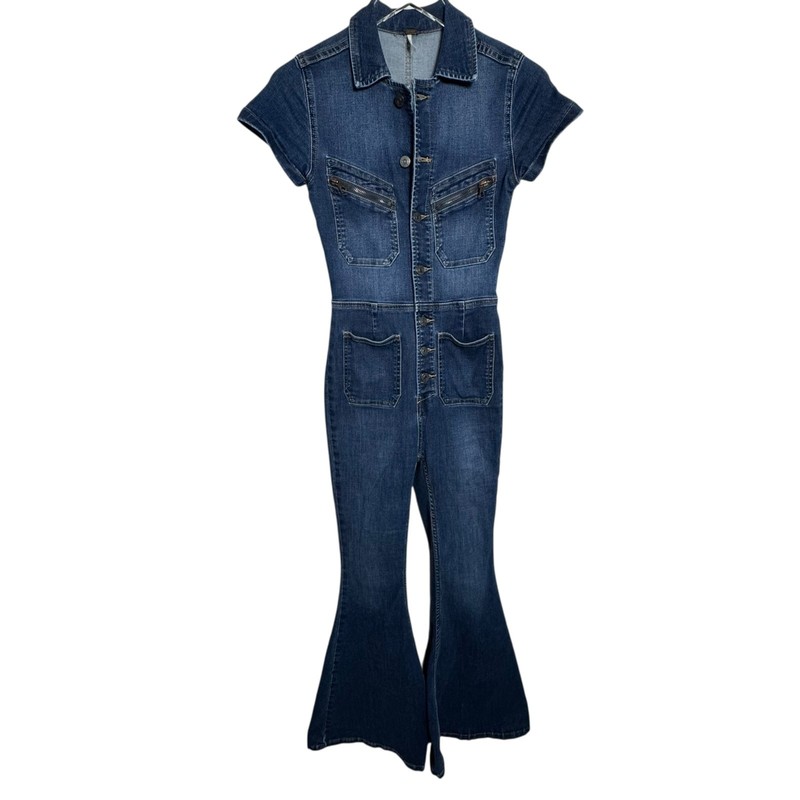 Free People Hearts Beat Stretch Denim Jumpsuit Coverall Size XS Flare Legs