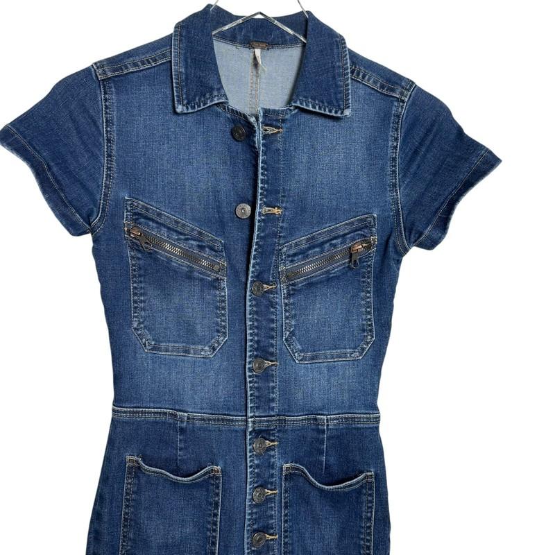 Free People Hearts Beat Stretch Denim Jumpsuit Coverall Size XS Flare Legs