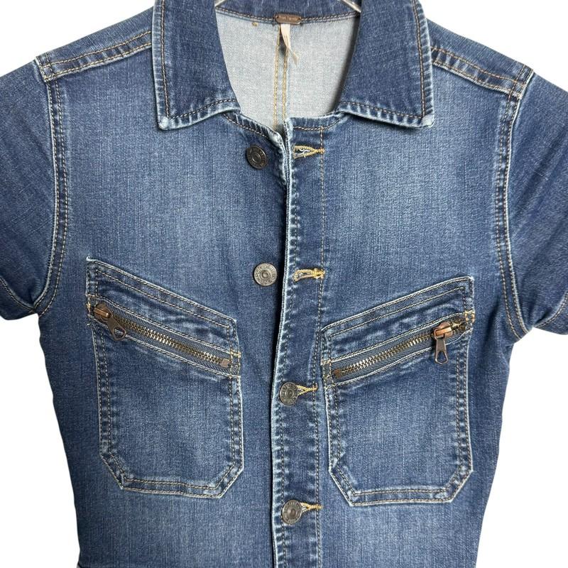 Free People Hearts Beat Stretch Denim Jumpsuit Coverall Size XS Flare Legs