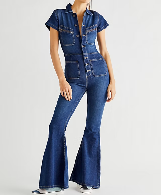 Free People Hearts Beat Stretch Denim Jumpsuit Coverall size XS flare legs