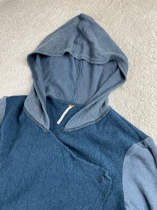 Free People Jacket XS Blue Colorblock Raglan Hooded Wool Blend Asymmetrical