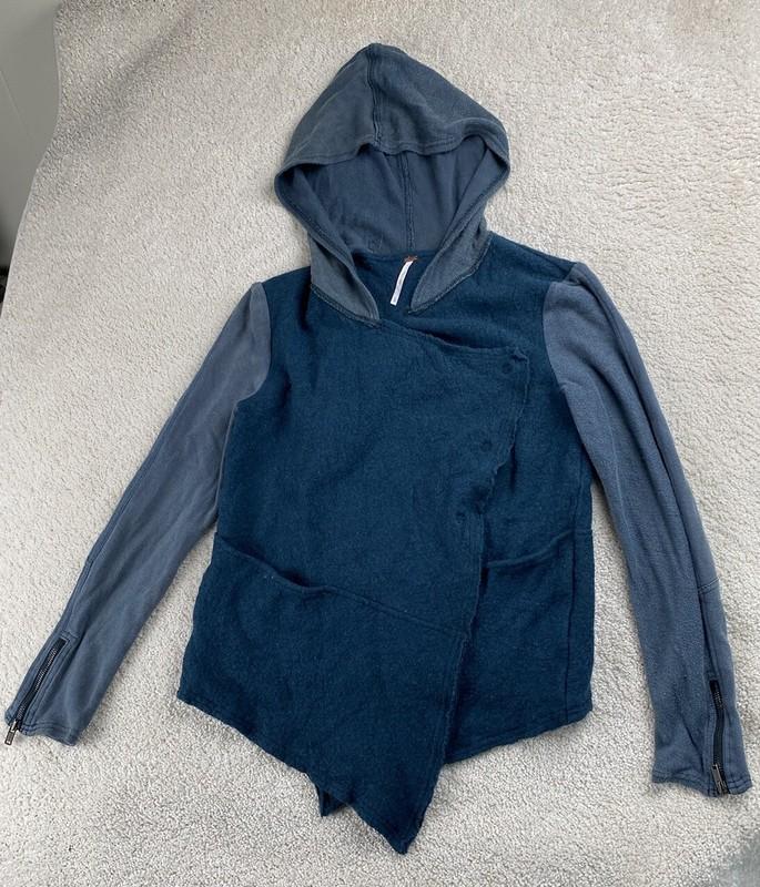 Free People Jacket XS Blue Colorblock Raglan Hooded Wool Blend Asymmetrical