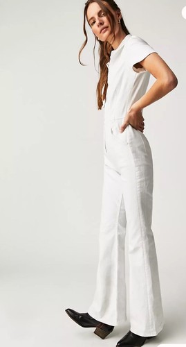 Free People Jayde Flare Jumpsuit We The Free Zip Up Stretch Denim White M NWT