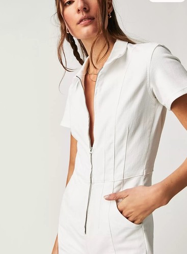 Free People Jayde Flare Jumpsuit We The Free Zip Up Stretch Denim White M NWT