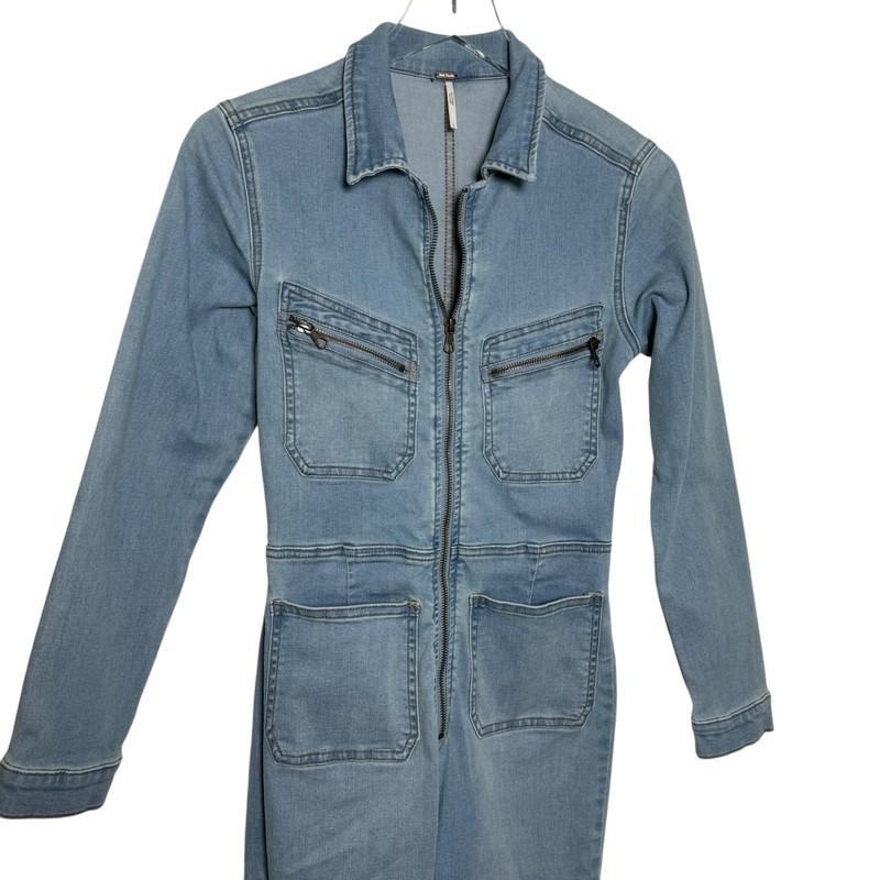 Free People Lennox Skinny Fit Denim Zip Front Jumpsuit Size Small Light Blue