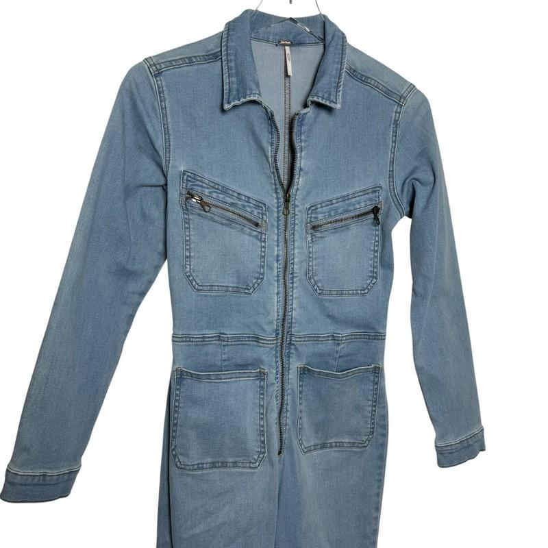 Free People Lennox Skinny Fit Denim Zip Front Jumpsuit Size Small Light Blue