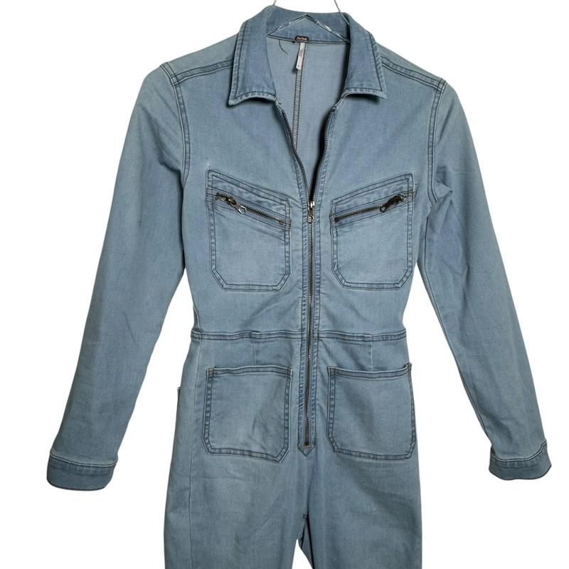 Free People Lennox Skinny Fit Denim Zip Front Jumpsuit Size XS Light Blue
