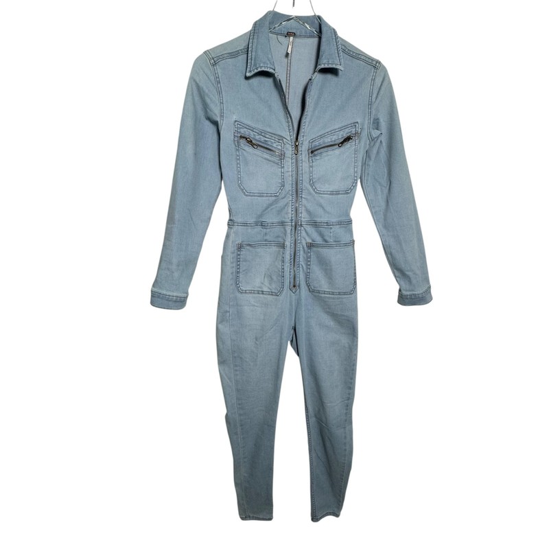 Free People Lennox Skinny Fit Denim Zip Front Jumpsuit Size XS Light Blue
