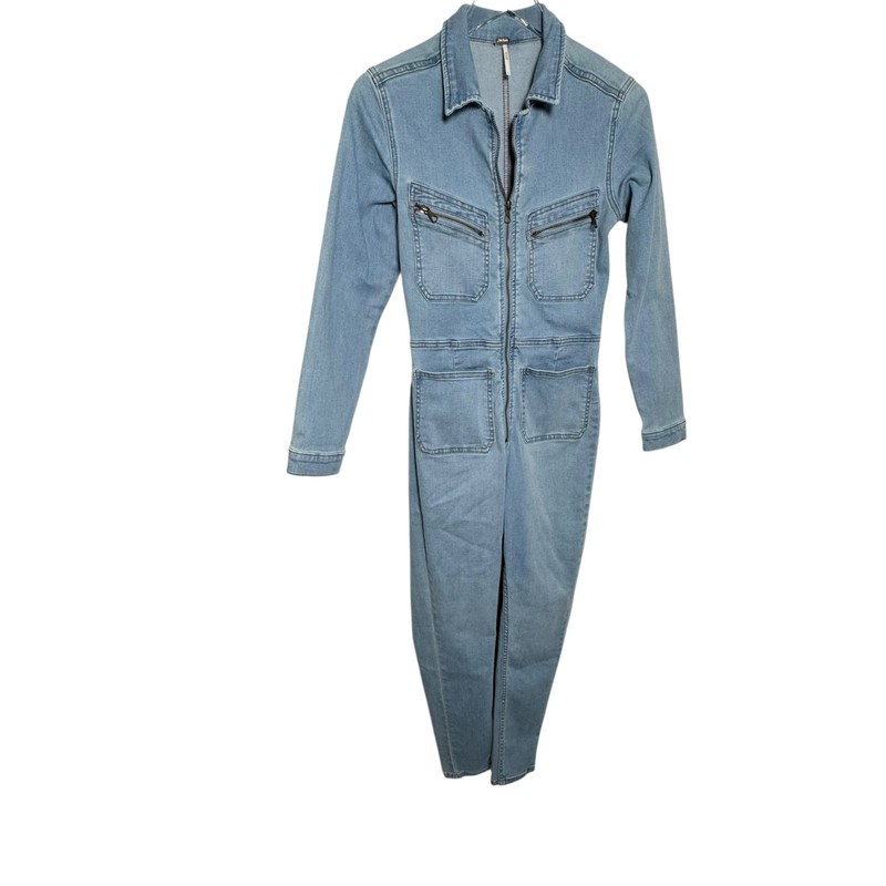 Free People Lennox Skinny Fit Denim Zip Front Jumpsuit Size Small Light Blue
