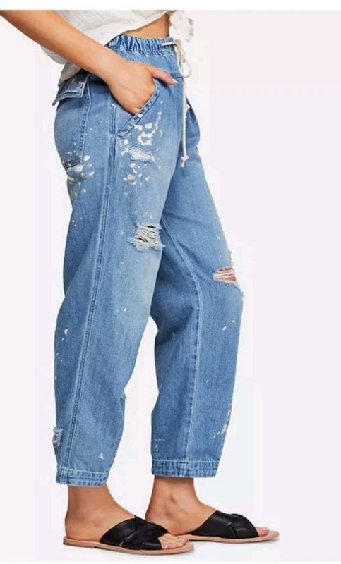 Free People Mixed Up Distress Boho Utility Denim Jean Paint Splash Baggy SMALL